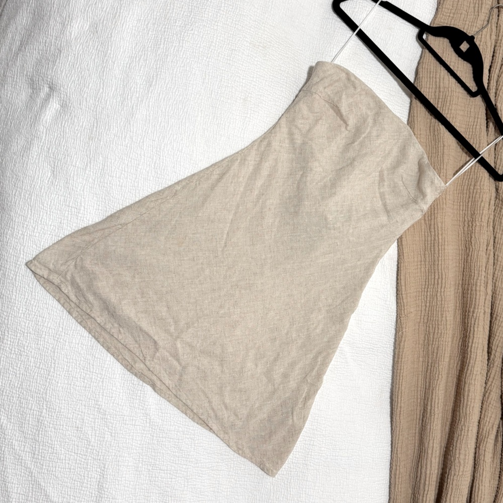 Sand colored strapless linen mini dress